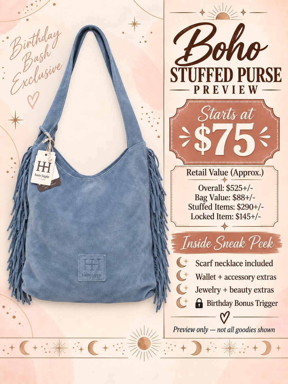 Haute Hippie Dusty Blue Suede Fringe Stuffed Bag - Birthday Bash Exclusive